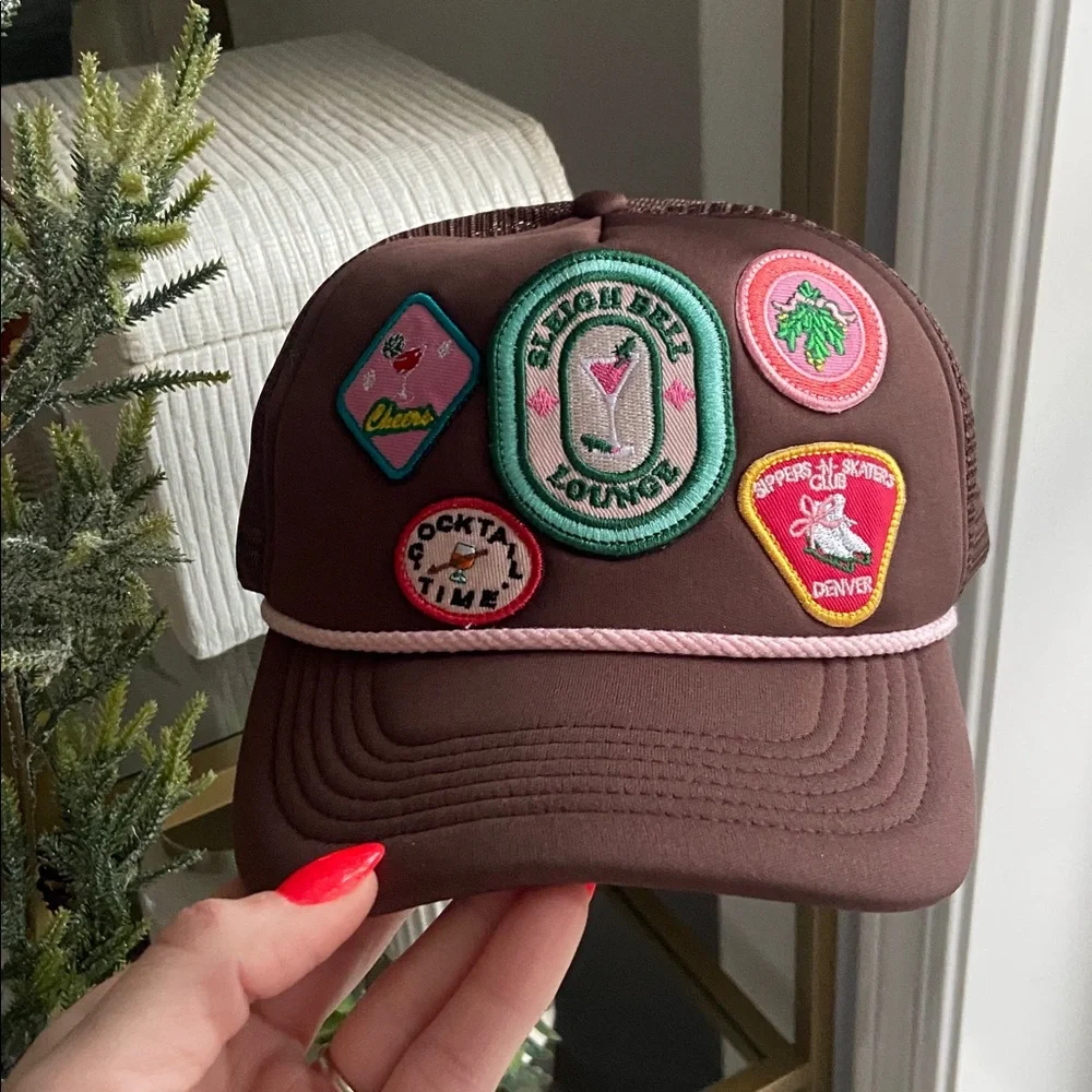 Anthropologie Christmas trucker hat embroidered patches OSFM